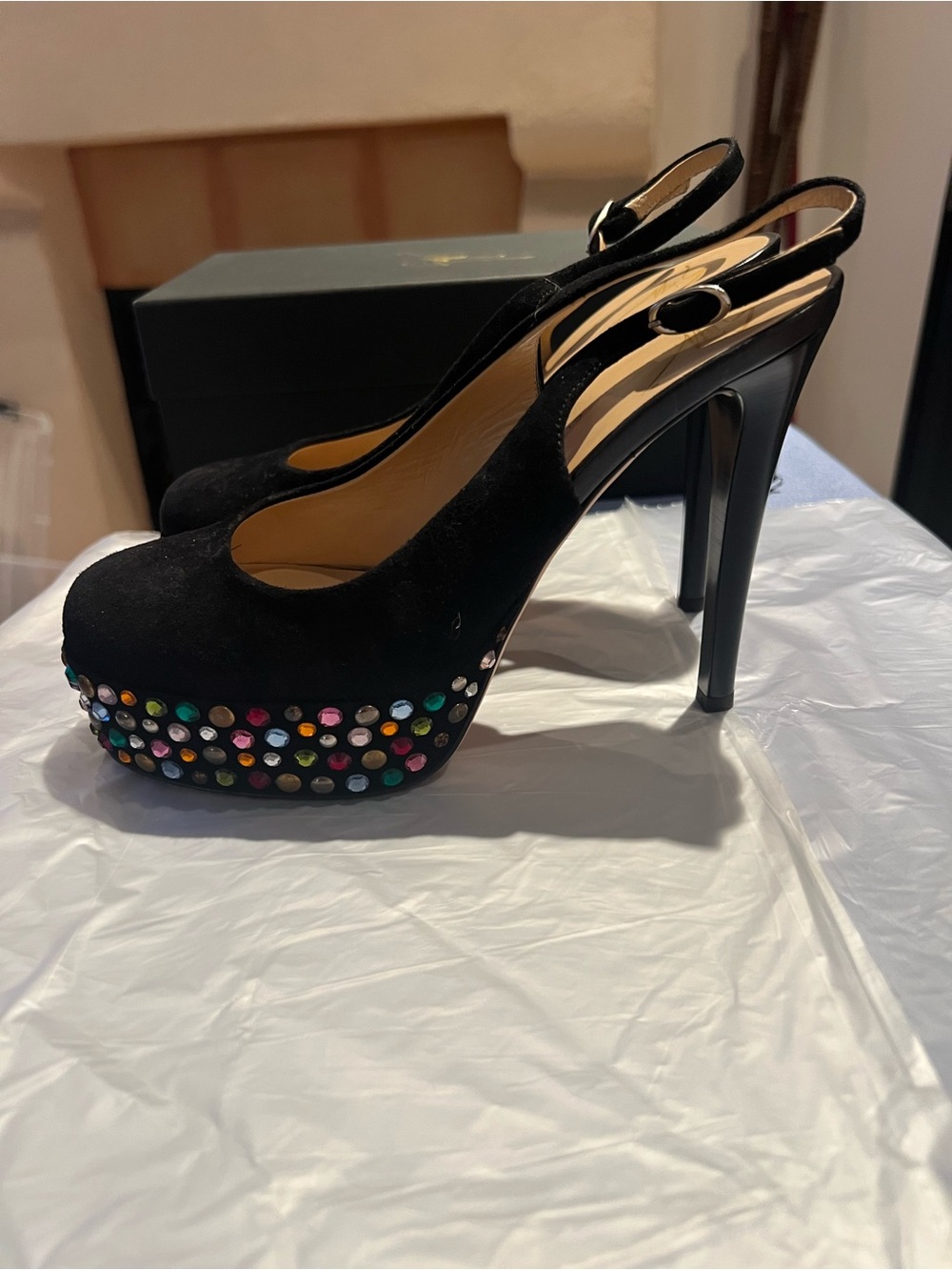 Black Suede Platform Slingback Heels with Multicolor Stud Accents